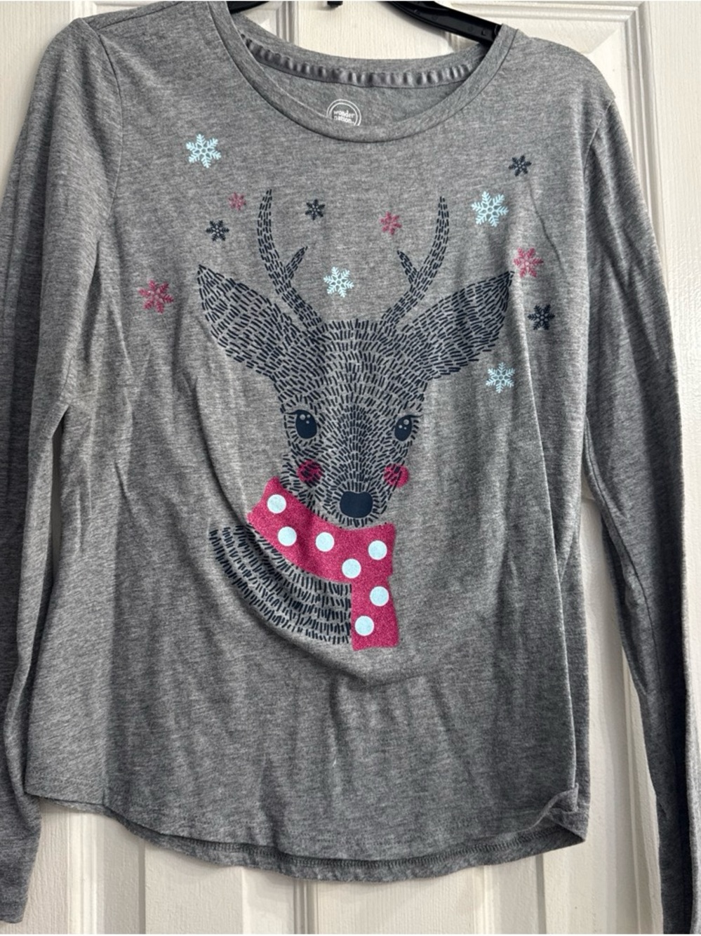 wonder nation Grey Long-Sleeve Deer Tee with Pink Polka-Dot Scarf